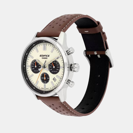 Edifice Men Quartz Cream & Black Dial Multi-Function Leather Watch ED657 Edifice Men Quartz Cream & Black Dial Multi-Function Leather Watch ED657