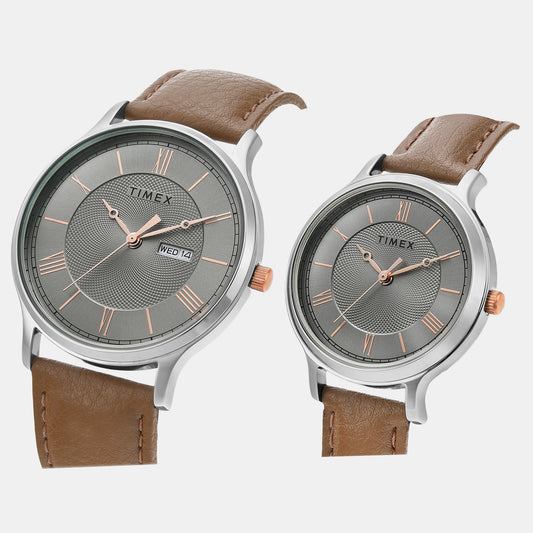 Classics Couple Quartz Grey Dial Analog Leather Watch TW00PR300 Timex 42 mm Round Quartz watch