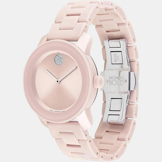 Bold Ceramic Women Quartz Pink Dial Analog Stainless Steel Watch 3600804 movado-pink-analog-women-watch-3600804
