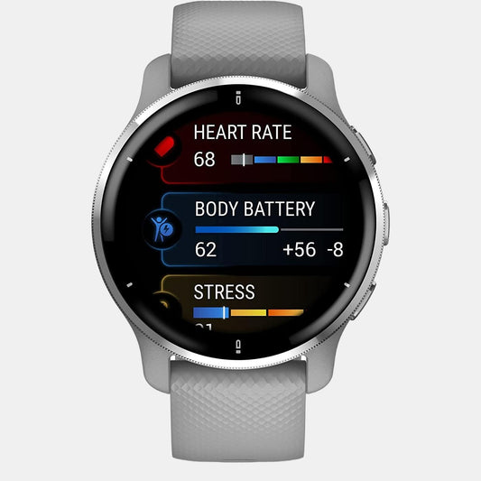 Unisex Processor Black Dial Amoled Silicone Watch VENU 2 PLUS POWDER GREY CASE 010-02496-50 garmin-fiber-reinforced-polymer-silver-amoled-optional-always-on-mode-unisex-adult-watch-venu-2-plus-powder-grey-case-010-02496-50
