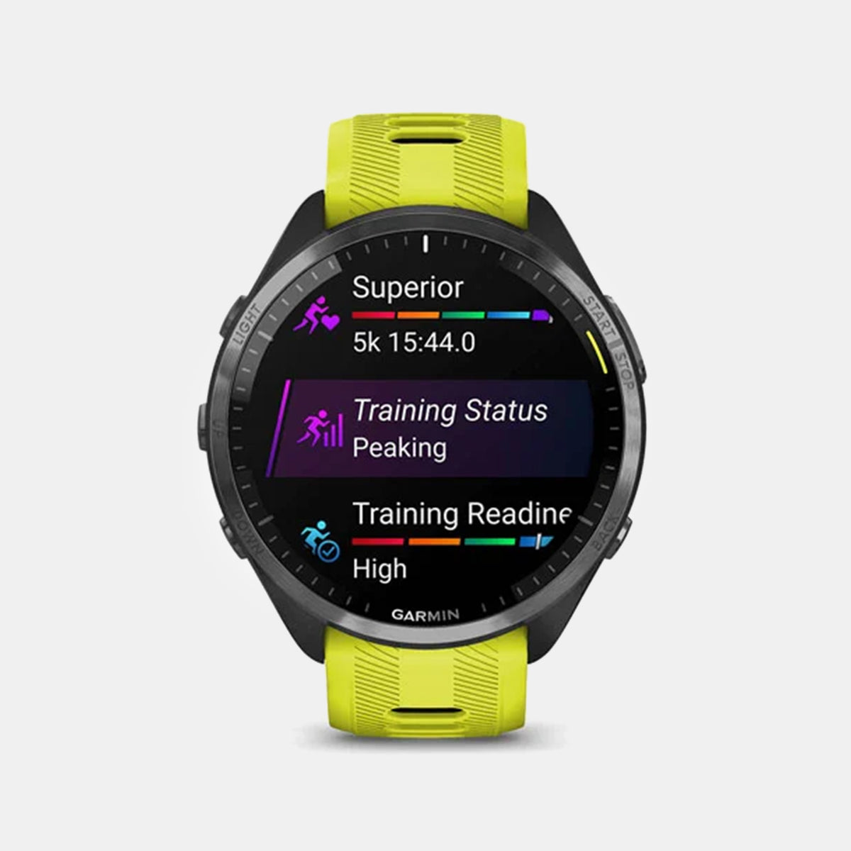 Garmin Forerunner® 965 Carbon Grey DLC Titanium Bezel with Black Case and Amp Yellow/Black Silicone Band