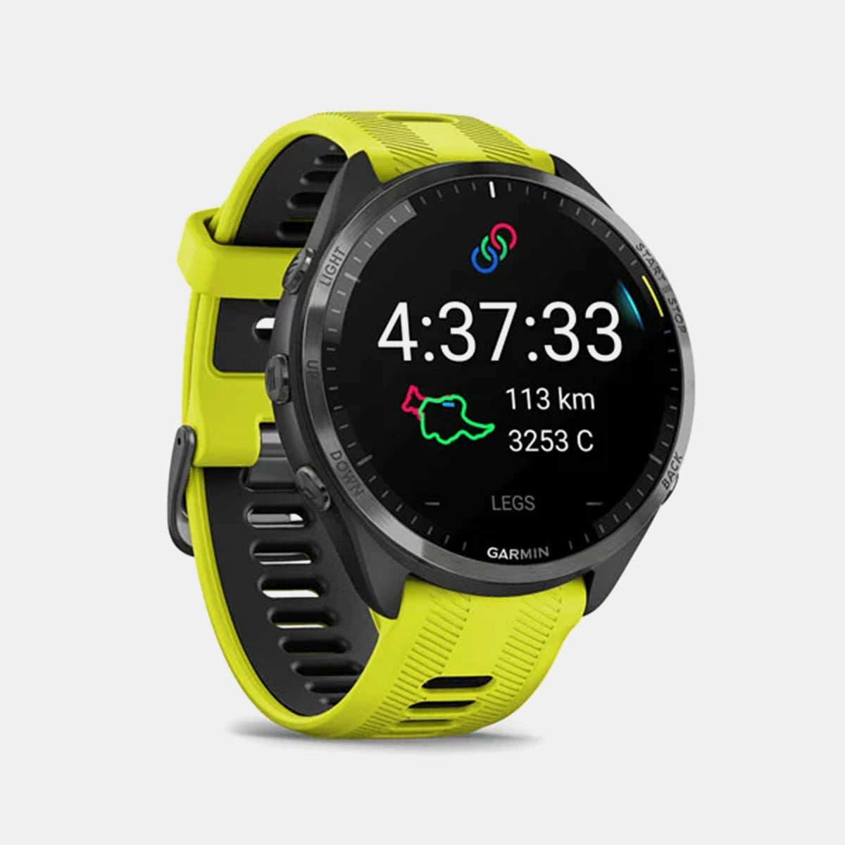 Garmin Forerunner® 965 Carbon Grey DLC Titanium Bezel with Black Case and Amp Yellow/Black Silicone Band