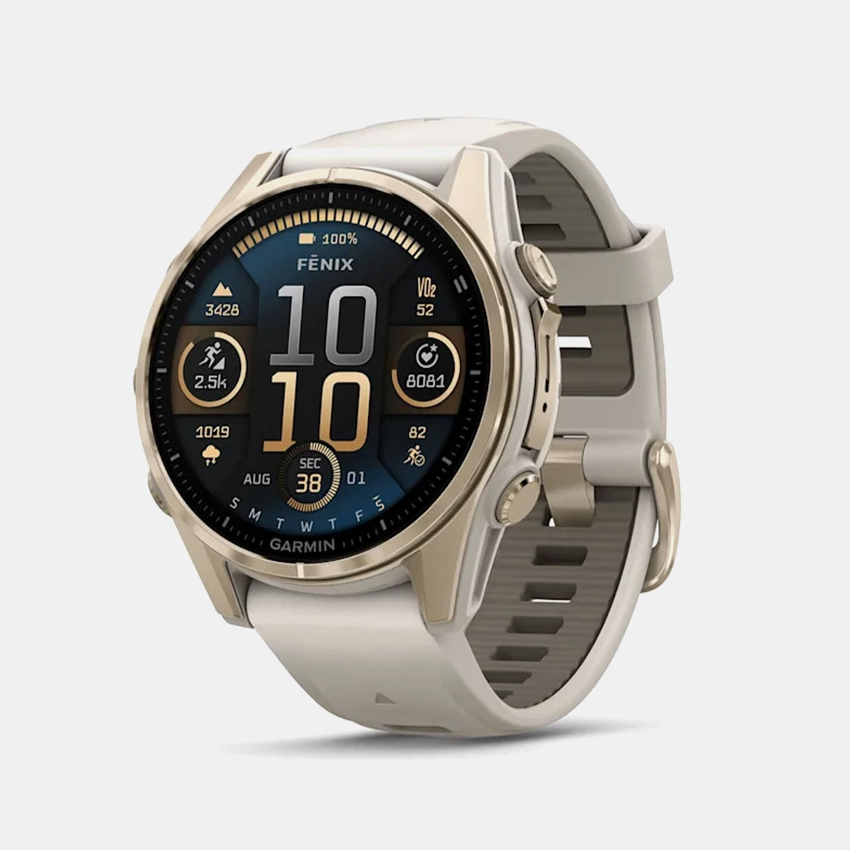 Garmin Fenix 8 – 43 mm, AMOLED Sapphire, Soft Gold with Fog Gray/Dark Sandstone Silicone Band