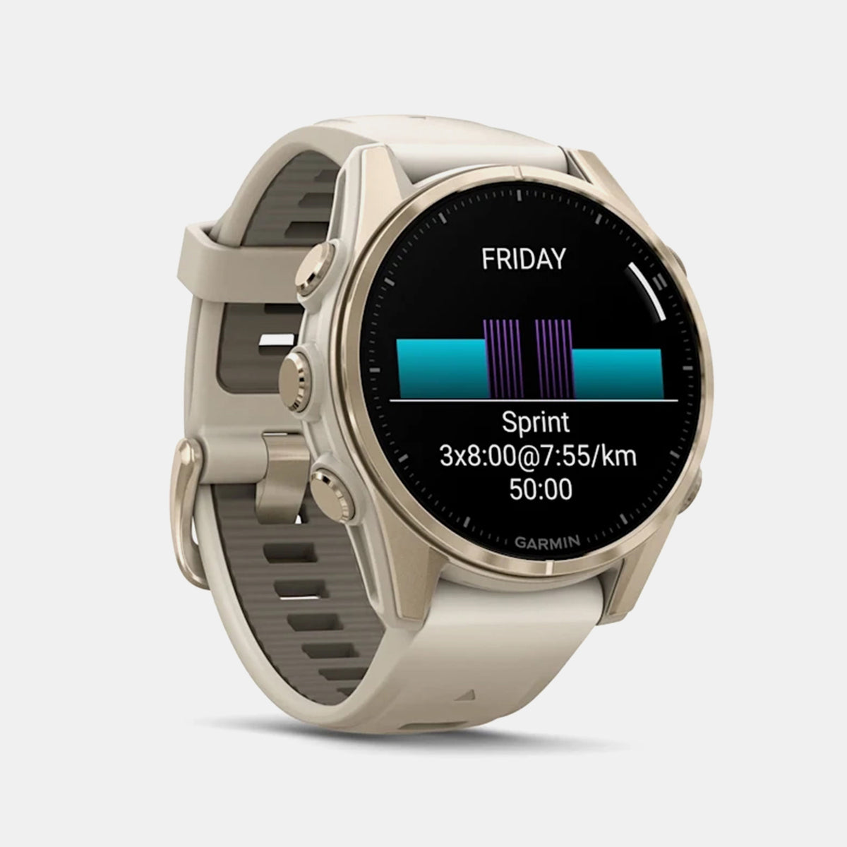 Garmin Fenix 8 – 43 mm, AMOLED Sapphire, Soft Gold with Fog Gray/Dark Sandstone Silicone Band