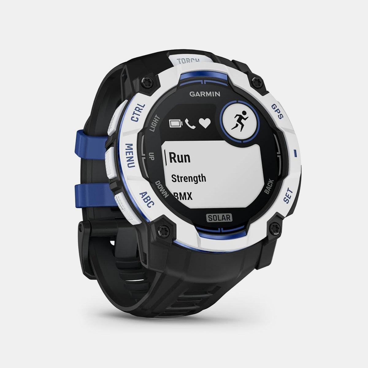 Instinct® 3 – 50 mm, Solar Whitestone with Black/Bolt Blue Band Smartwatch