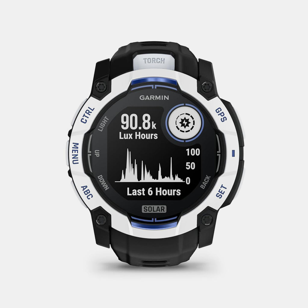 Instinct® 3 – 50 mm, Solar Whitestone with Black/Bolt Blue Band Smartwatch