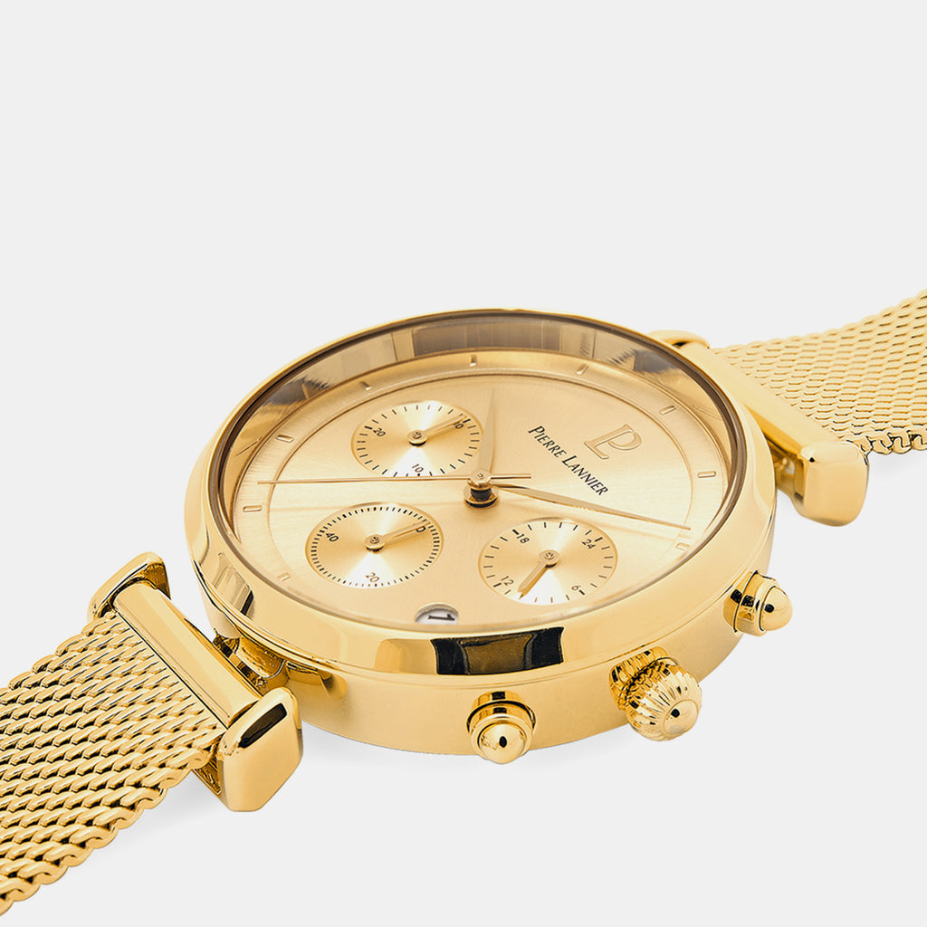 Women Quartz Gold Dial Chronograph Mesh Watch 083J542