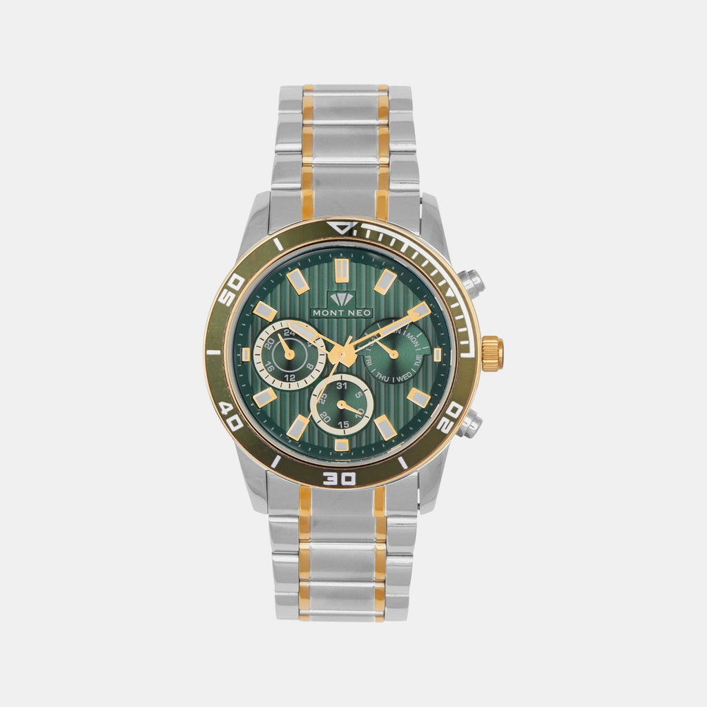 Men Quartz Green Dial Chronograph Stainless Steel Watch 1036C-M11014