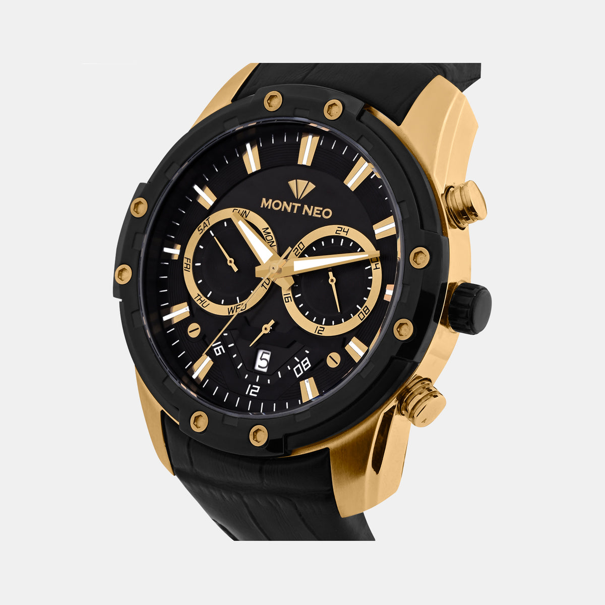 Men Quartz Black Dial Multi-Function Leather Watch 1053M-L2404