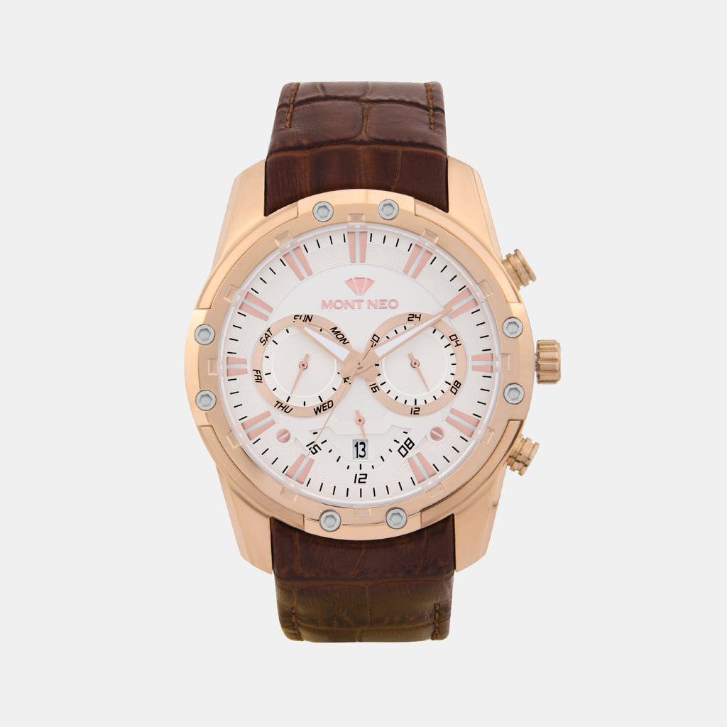 Men Quartz White Dial Multi-Function Leather Watch 1053M-L3303