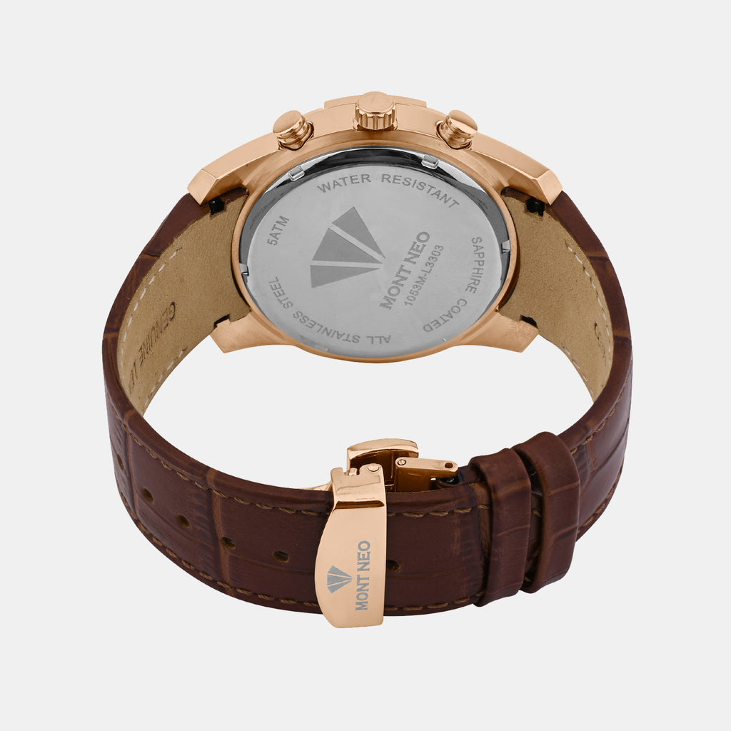 Men Quartz White Dial Multi-Function Leather Watch 1053M-L3303