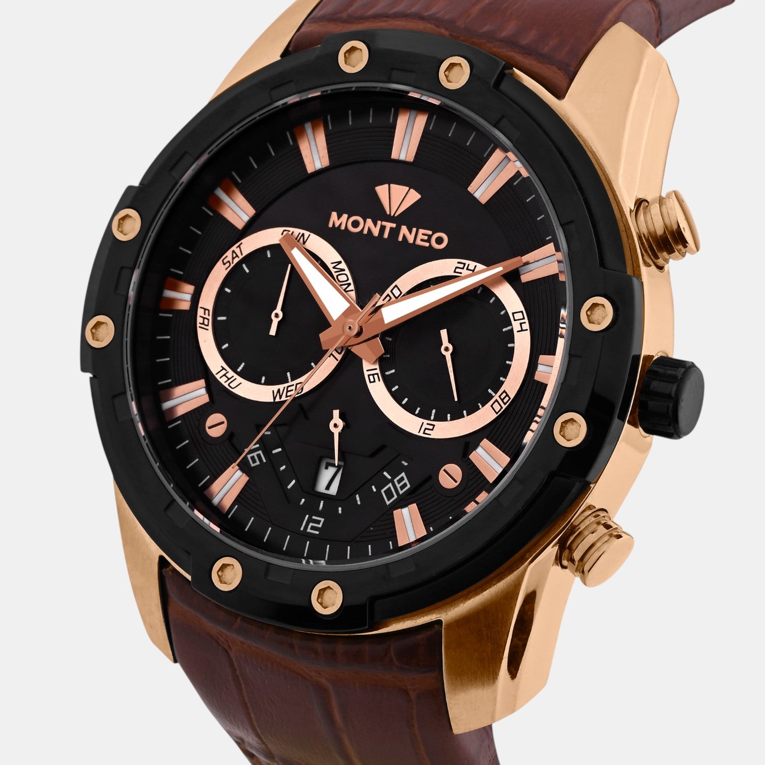 Men Quartz Black Dial Multi-Function Leather Watch 1053M-L3404