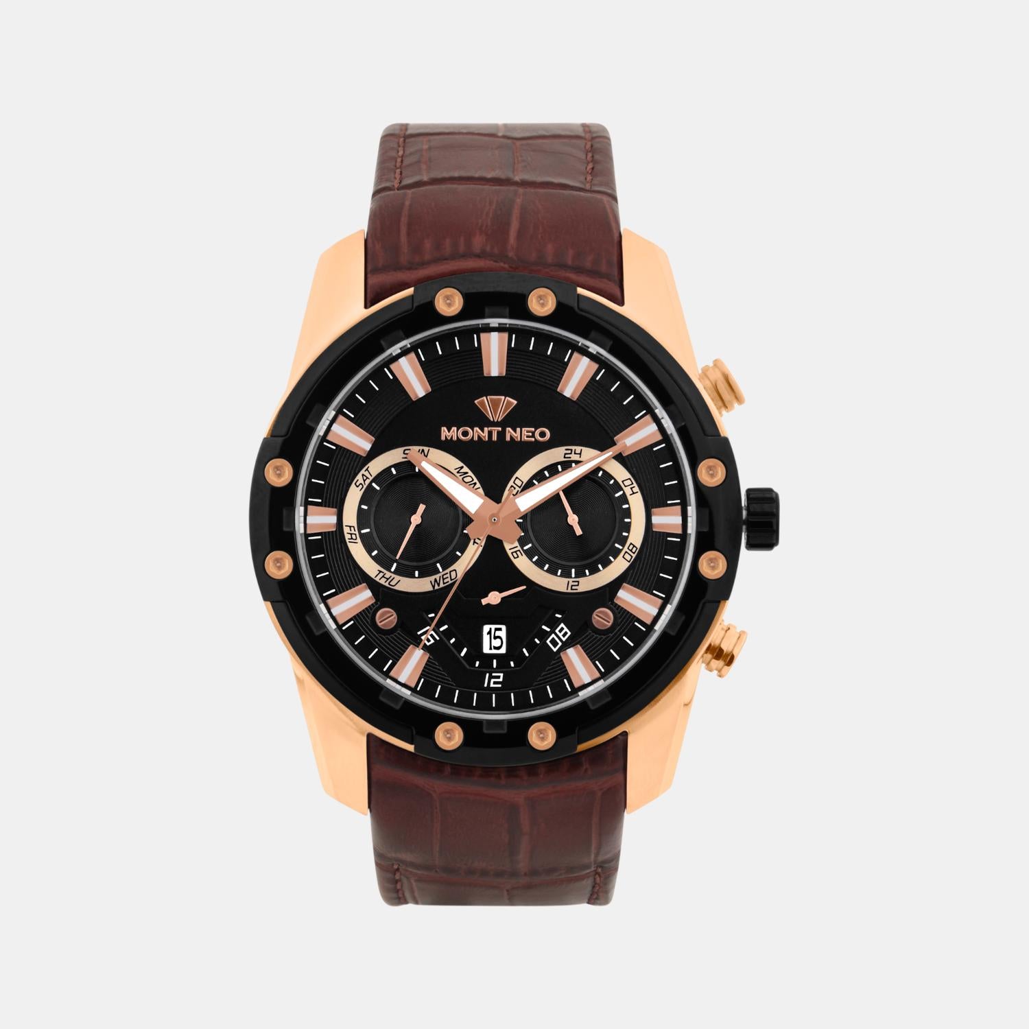 Men Quartz Black Dial Multi-Function Leather Watch 1053M-L3404