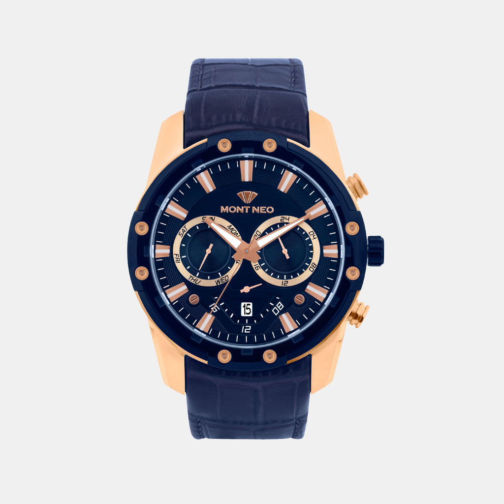 Men Quartz Blue Dial Multi-Function Leather Watch 1053M-L3505