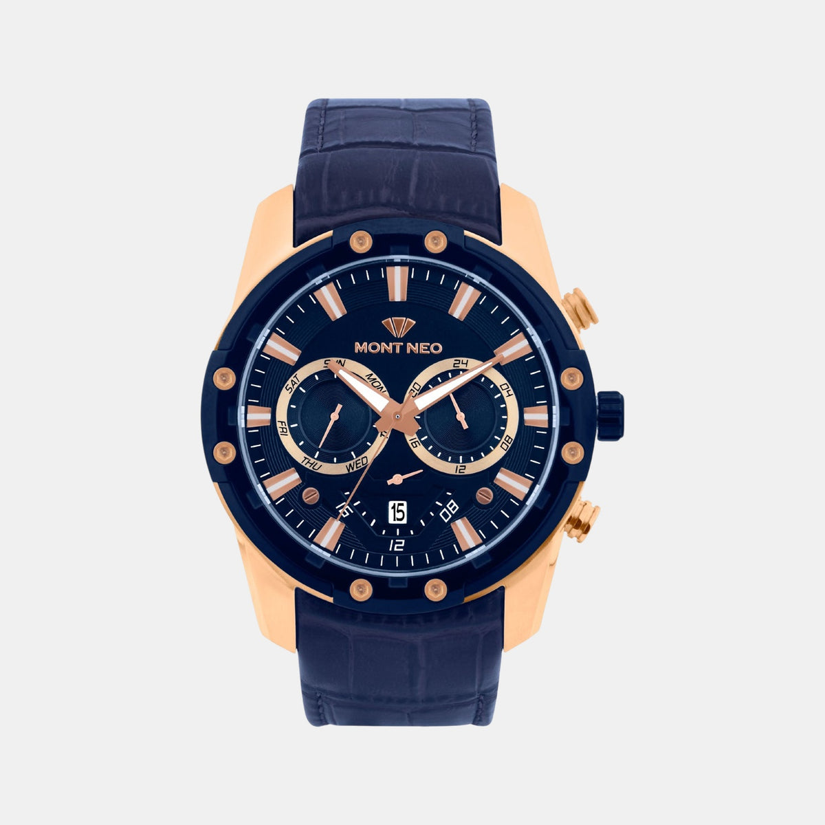 Men Quartz Blue Dial Multi-Function Leather Watch 1053M-L3505