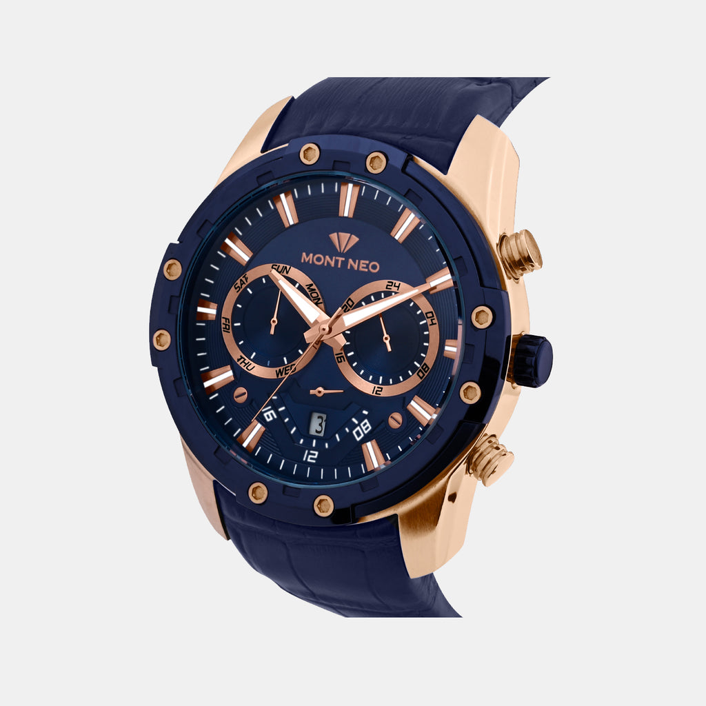 Men Quartz Blue Dial Multi-Function Leather Watch 1053M-L3505