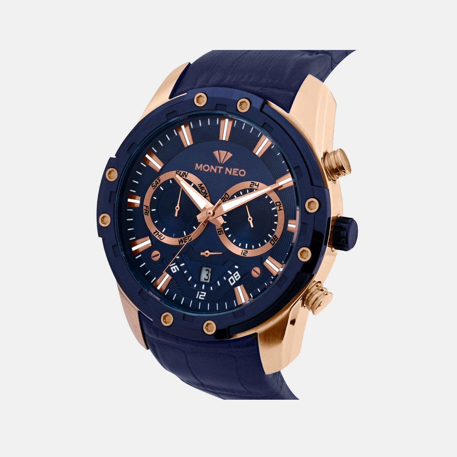 Men Quartz Blue Dial Multi-Function Leather Watch 1053M-L3505