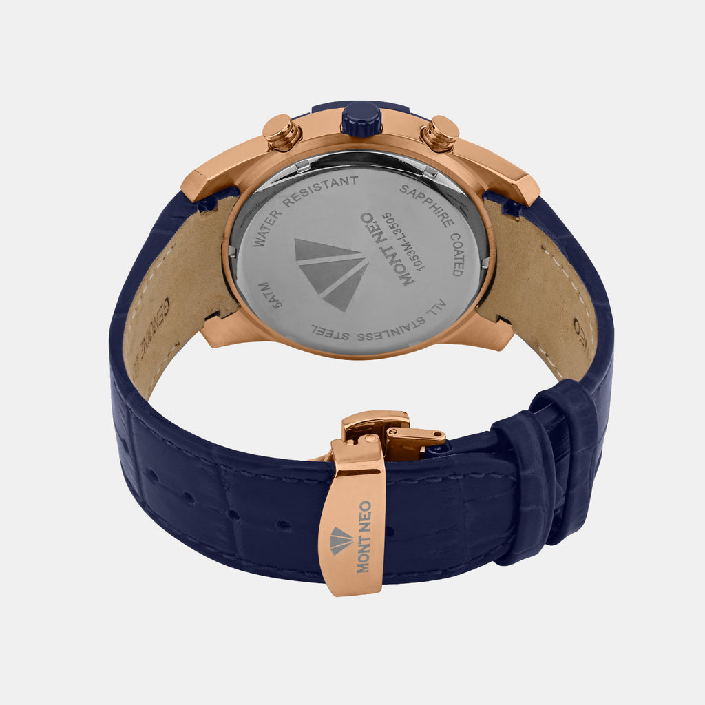 Men Quartz Blue Dial Multi-Function Leather Watch 1053M-L3505