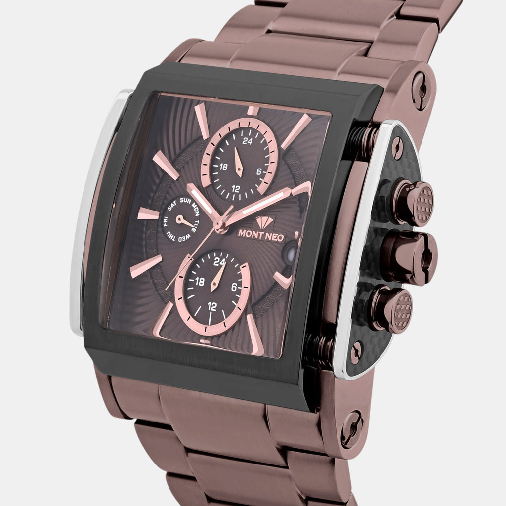 Men Quartz Brown Dial Multi-Function Stainless Steel Watch 1056M-M6406