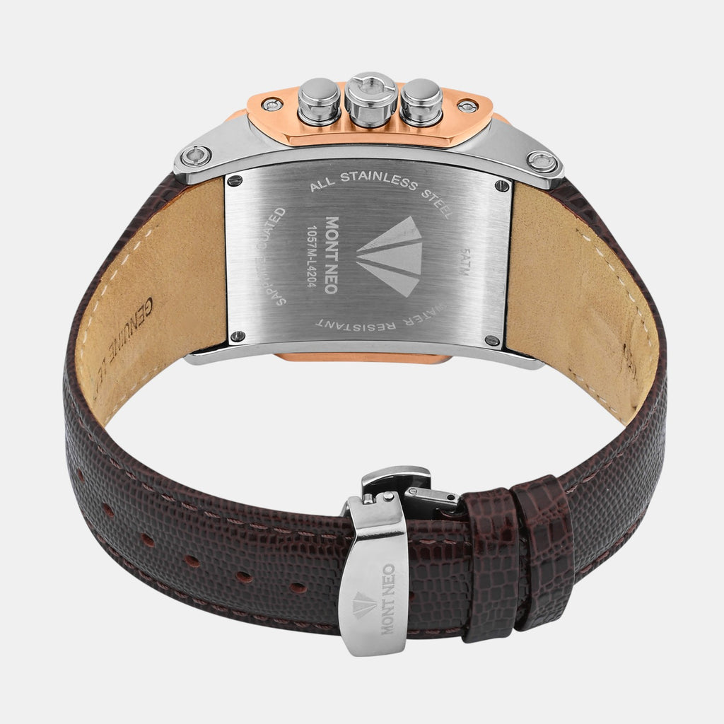 Men Quartz Silver Dial Multi-Function Leather Watch G1057M-L1303