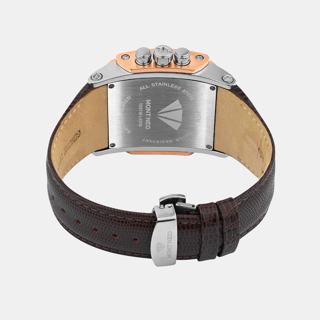 Men Quartz Silver Dial Multi-Function Leather Watch 1057M-L1303