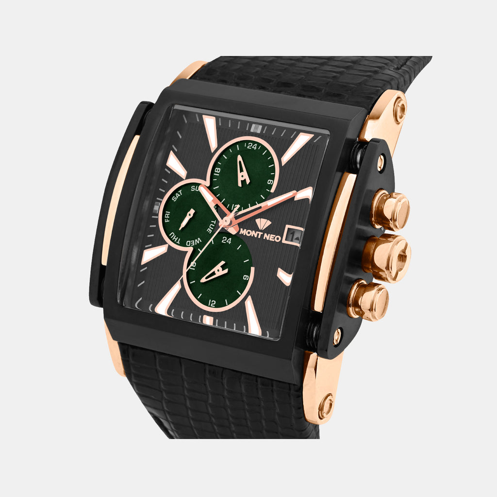 Men Quartz Black Dial Multi-Function Leather Watch 1057M-L3404