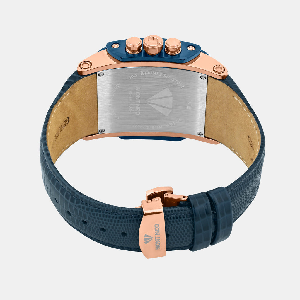 Men Quartz Blue Dial Multi-Function Leather Watch 1057M-L3505