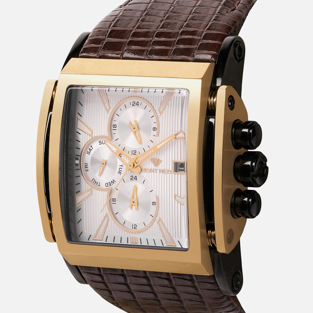 Men Quartz Silver Dial Multi-Function Leather Watch 1057M-L4203