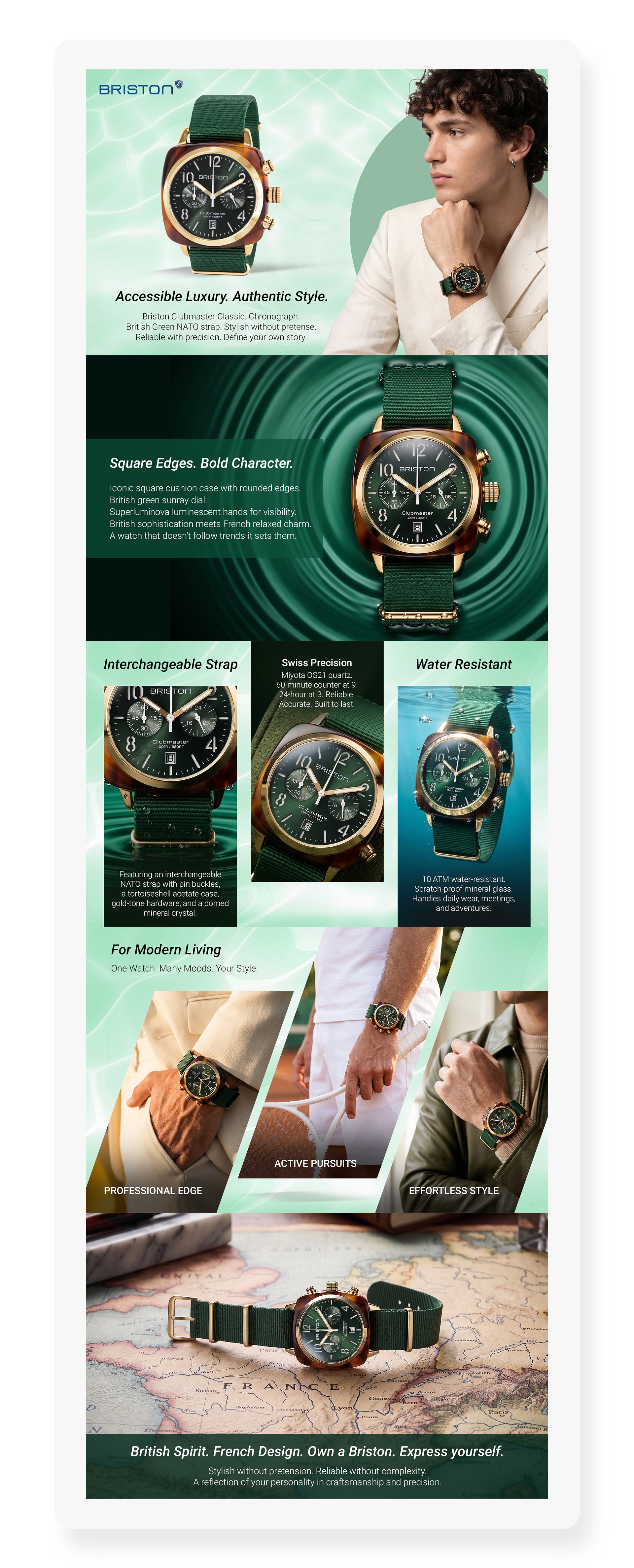 Clubmaster Classic Men Quartz Green Dial Chronograph NATO Watch 15140.PYA.T.10.NBG