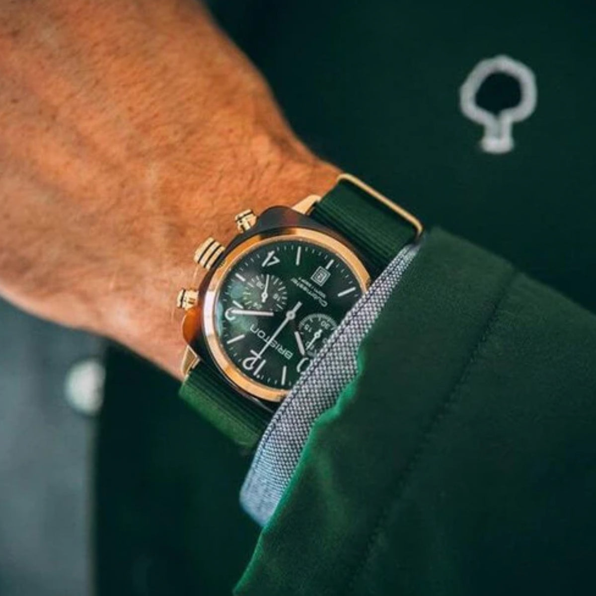 Briston Clubmaster Classic Men Quartz Green Dial Chronograph Nato Watch 15140.PYA.T.10.NBG-2