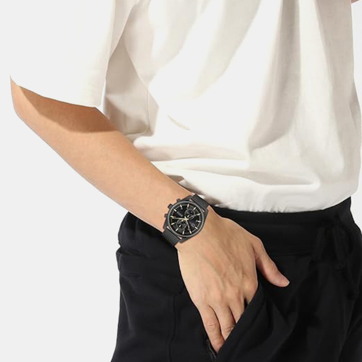 Boss Skytraveller Men Quartz Black Dial Chronograph Mesh Watch 1514150