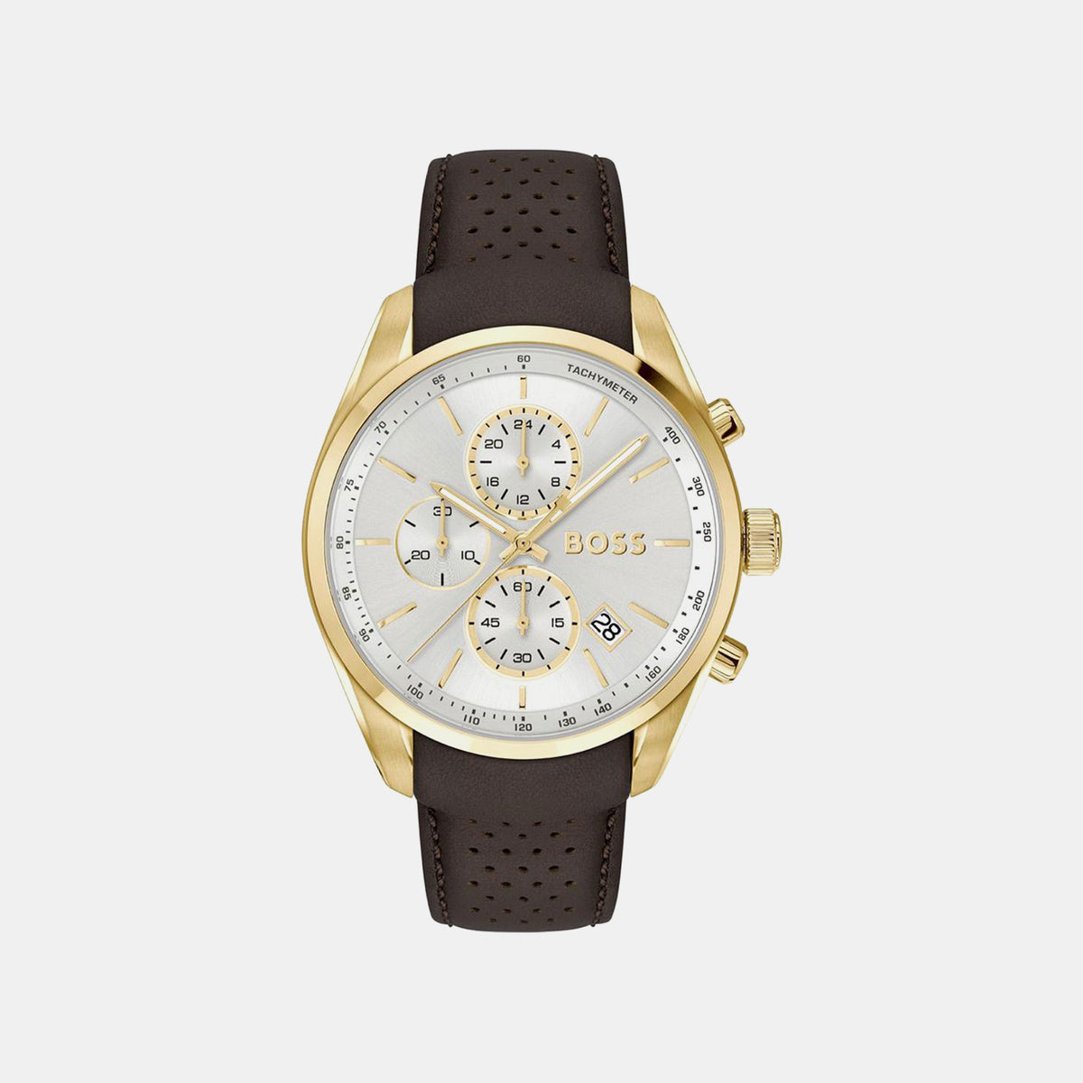 Boss Grand Prix 44 Men Quartz Silver Dial Chronograph Leather Watch 1514225