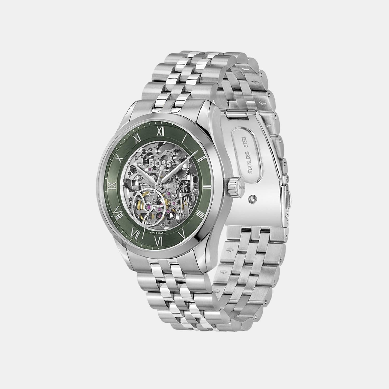 Principle Skeleton Men Automatic Green Dial Analog Stainless Steel Watch 1514236