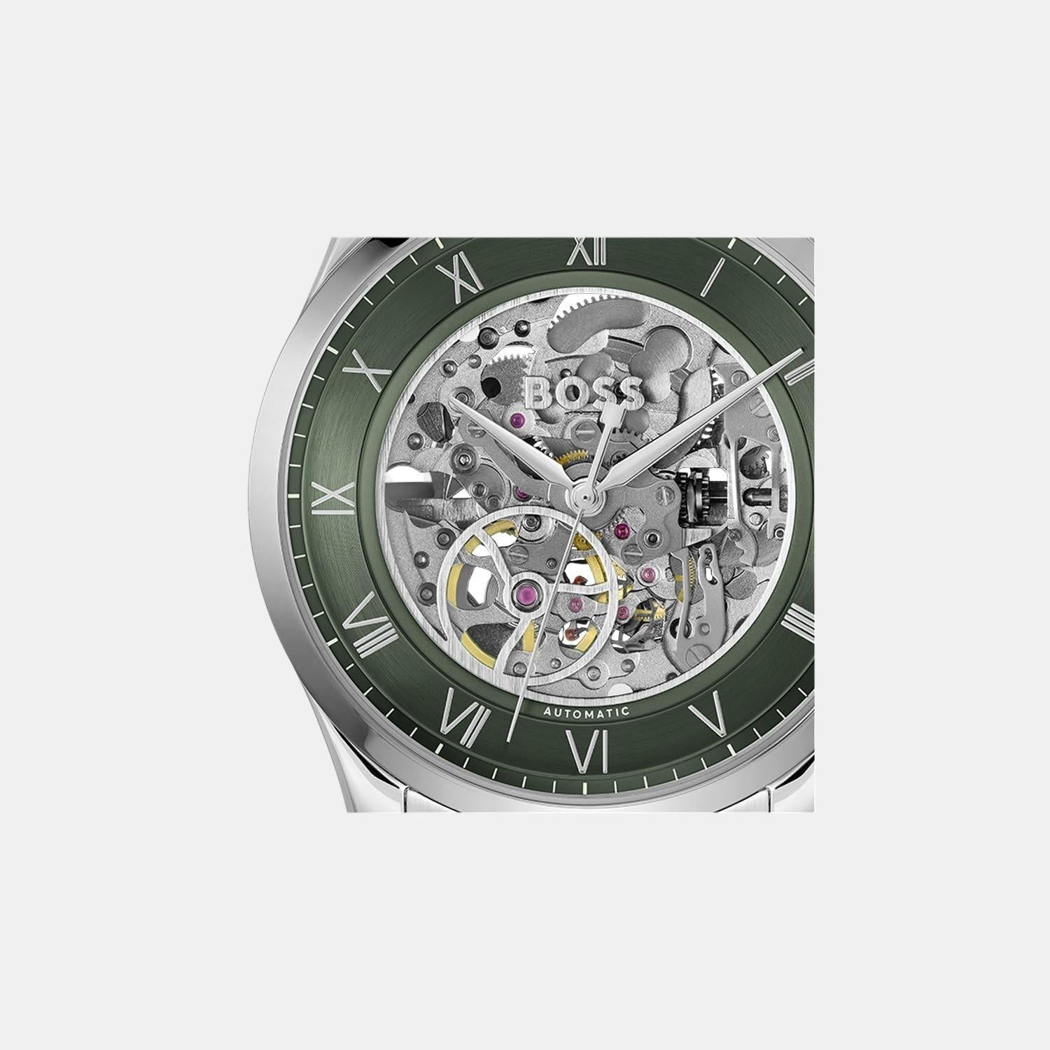 Principle Skeleton Men Automatic Green Dial Analog Stainless Steel Watch 1514236