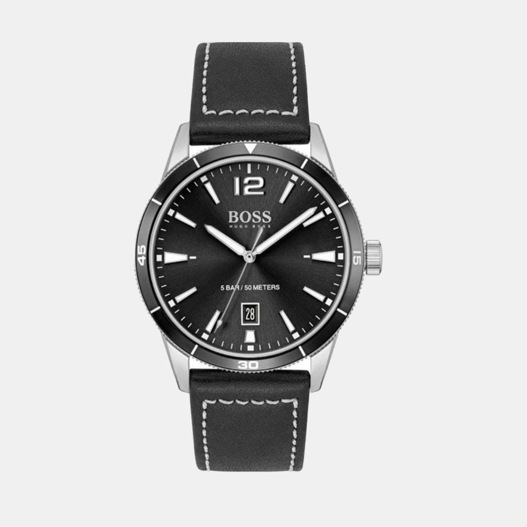 Boss Male Black Analog Leather Watch Boss Just In Time