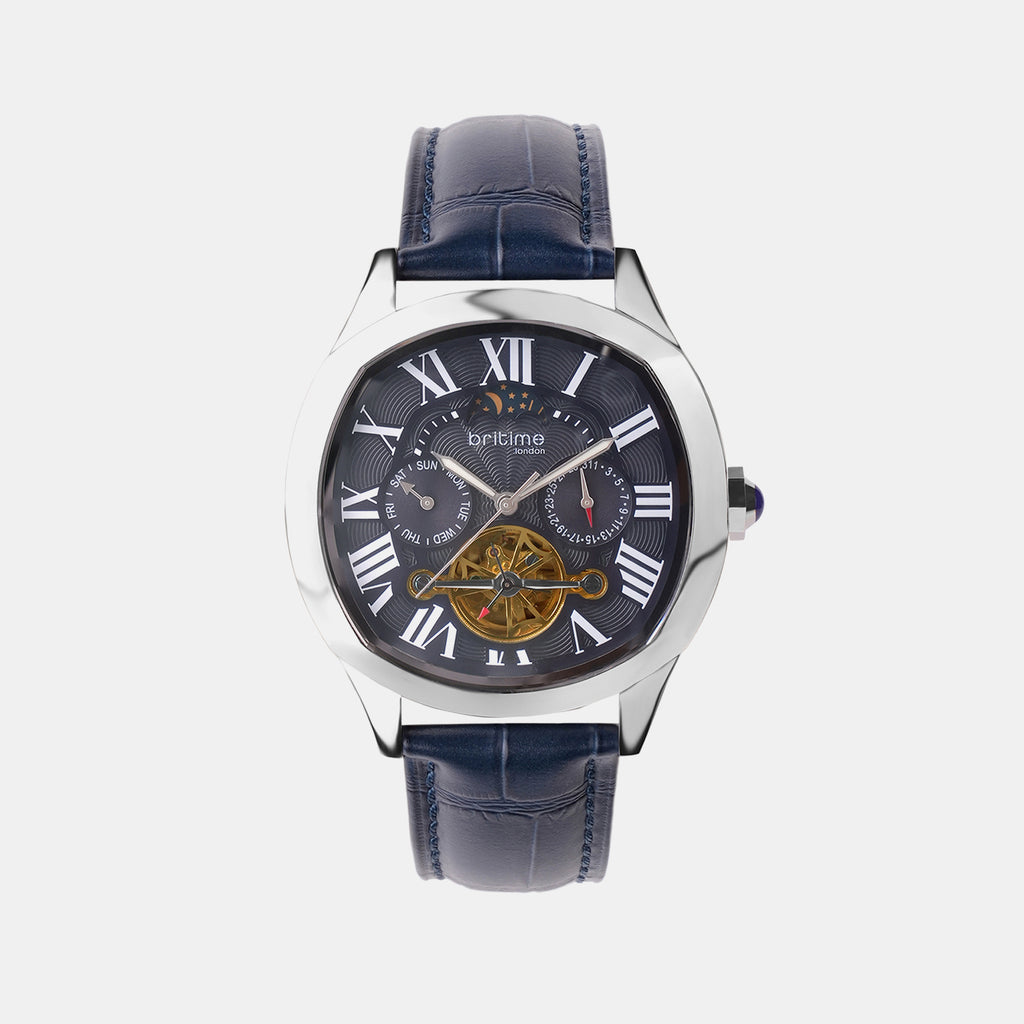 Men Automatic Blue Dial Multi-Function Leather Watch 1641-L10507