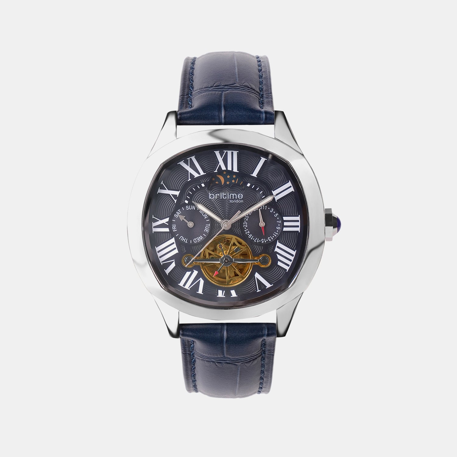 Men Automatic Blue Dial Multi-Function Leather Watch 1641-L10507