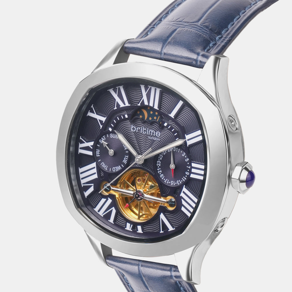 Men Automatic Blue Dial Multi-Function Leather Watch 1641-L10507