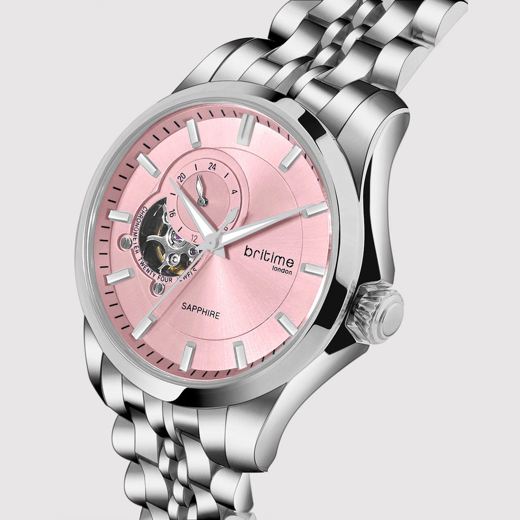 Men Automatic Pink Dial Analog Stainless Steel Watch 166-M11001