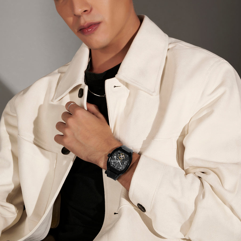 Men Automatic Black Dial Analog Pu Watch 171-P40406