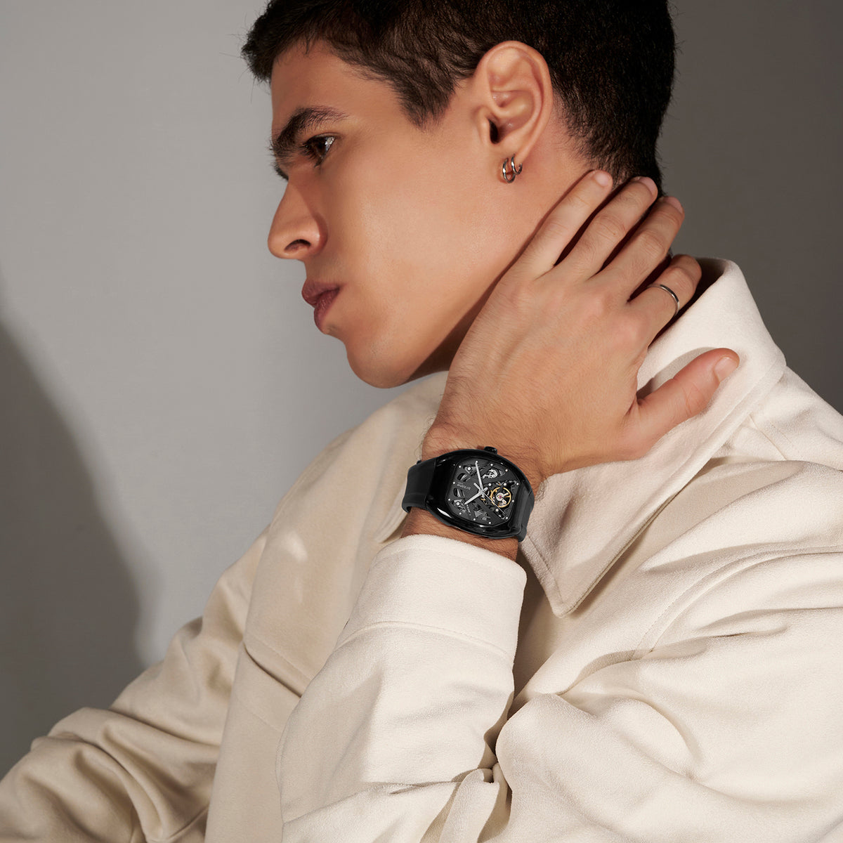 Men Automatic Black Dial Analog Pu Watch 171-P40406