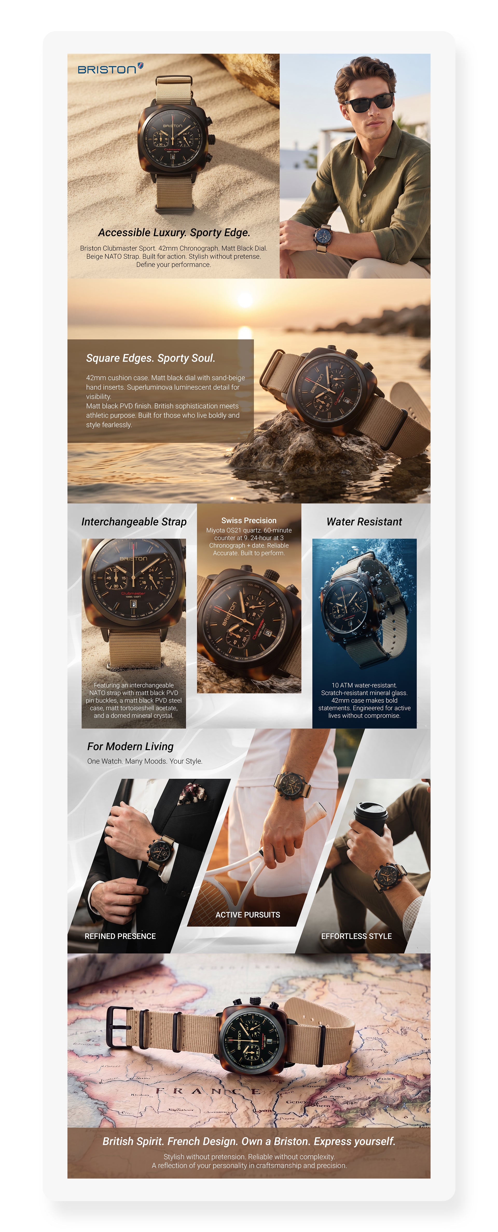 Clubmaster Sport Men Quartz Beige Dial Chronograph NATO Watch 18142.PBAM.TSS.5.NK