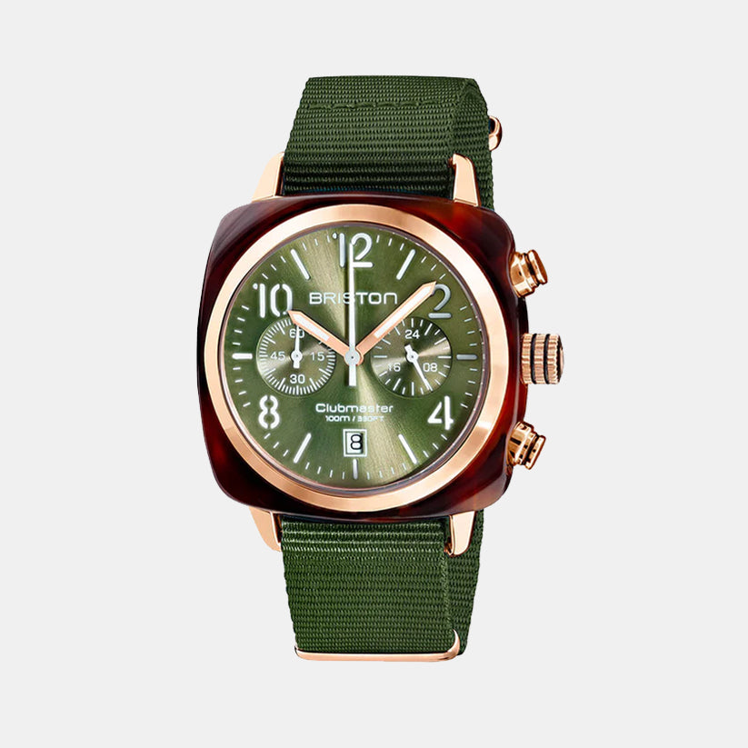Briston Clubmaster Classic Men Quartz Gold-Olive Green Dial Chronograph Nato Watch 19140.PRA.T.26.NOL-1