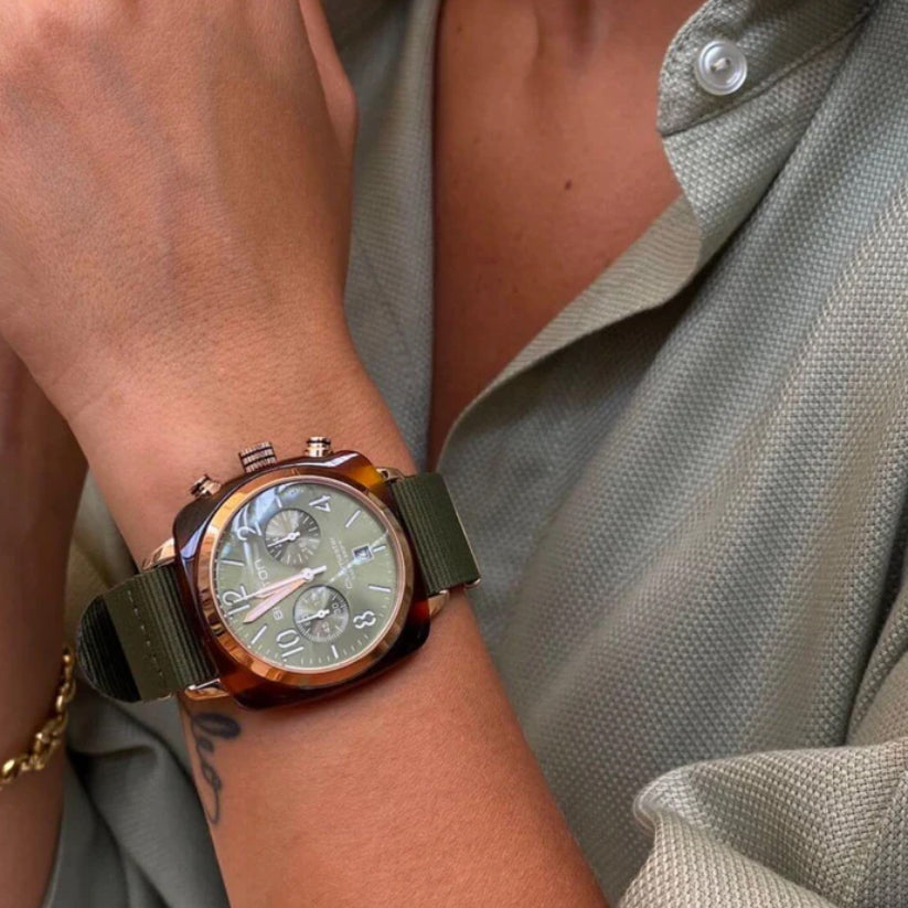 Briston Clubmaster Classic Men Quartz Gold-Olive Green Dial Chronograph Nato Watch 19140.PRA.T.26.NOL-2