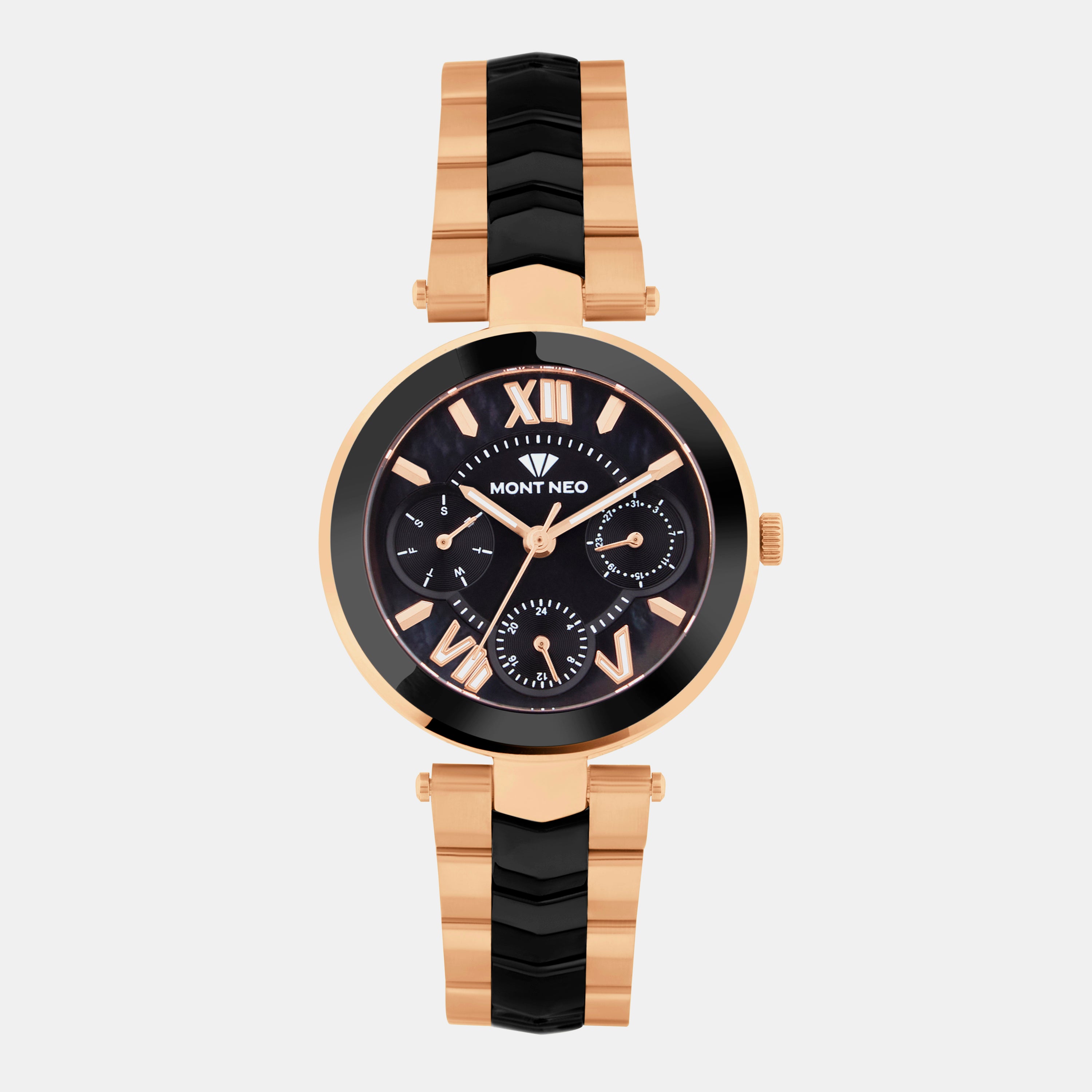 Women Quartz Black Dial Multi-Function Stainless Steel Watch 4507M-M3404