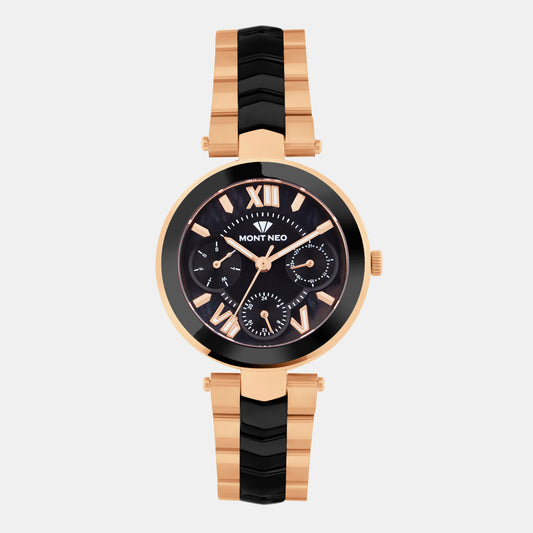 Women Quartz Black Dial Multi-Function Stainless Steel Watch 4507M-M3404