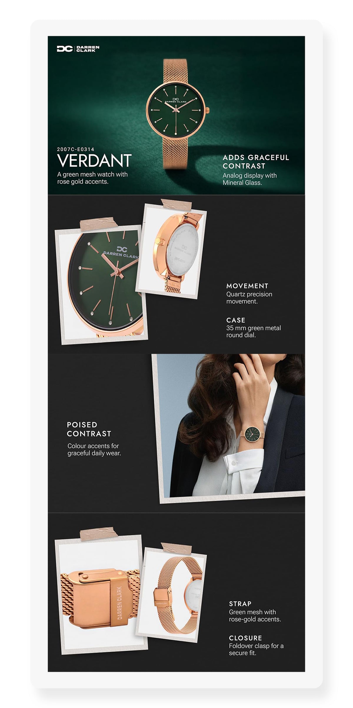 Women Quartz Green Dial Analog Mesh Watch 2007C-E0314