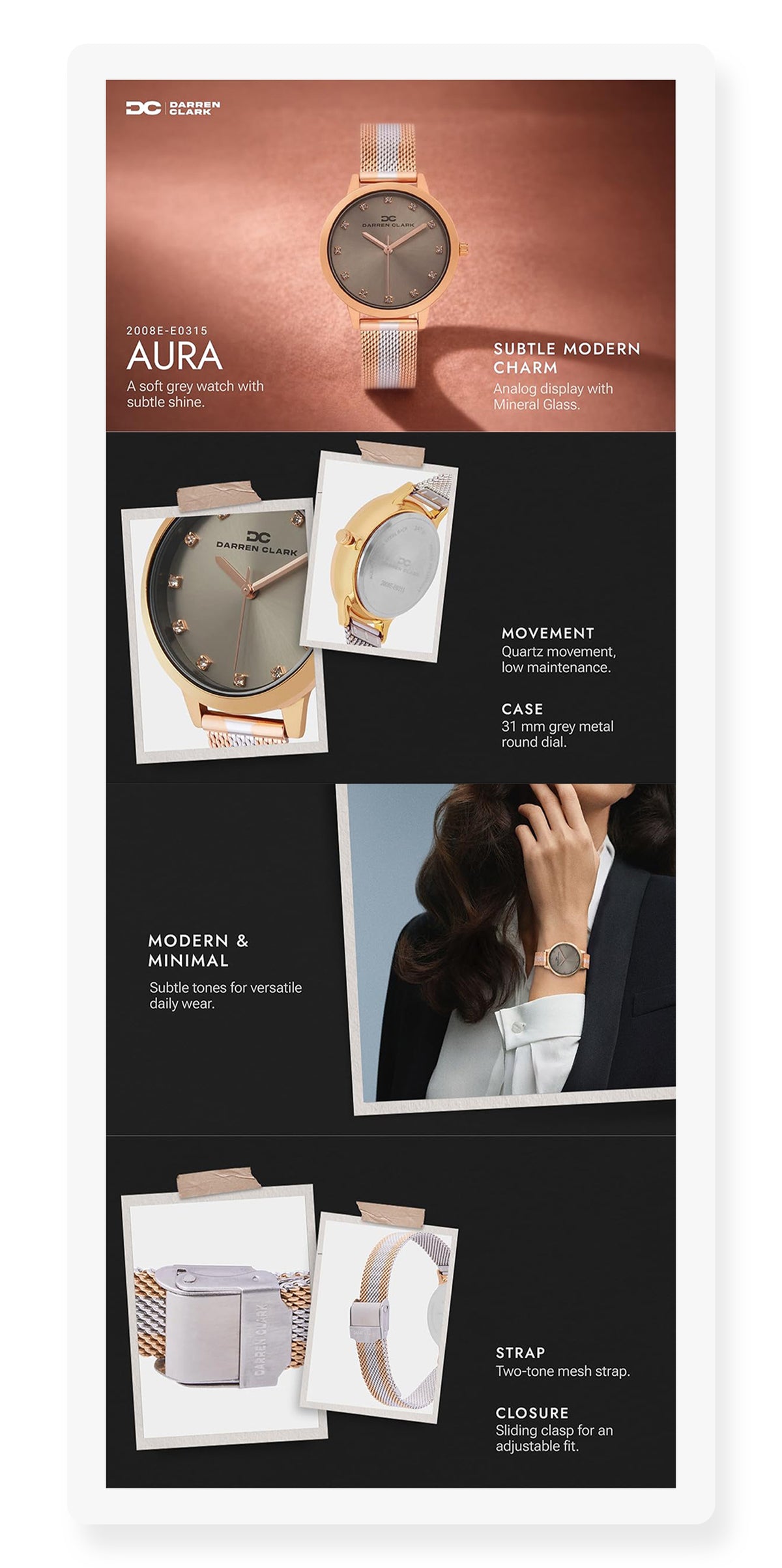 Women Quartz Grey Dial Analog Mesh Watch 2008E-E0315