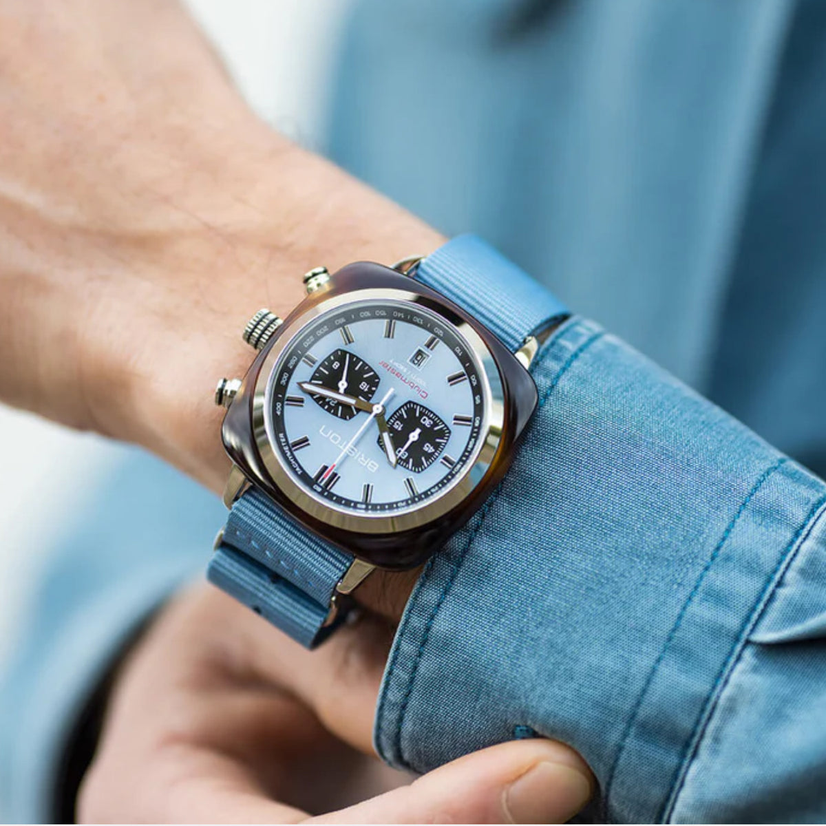 Briston Clubmaster Sport Men Quartz Ice Blue Dial Chronograph Nato Watch 20142.SA.TS.25.NIB-2