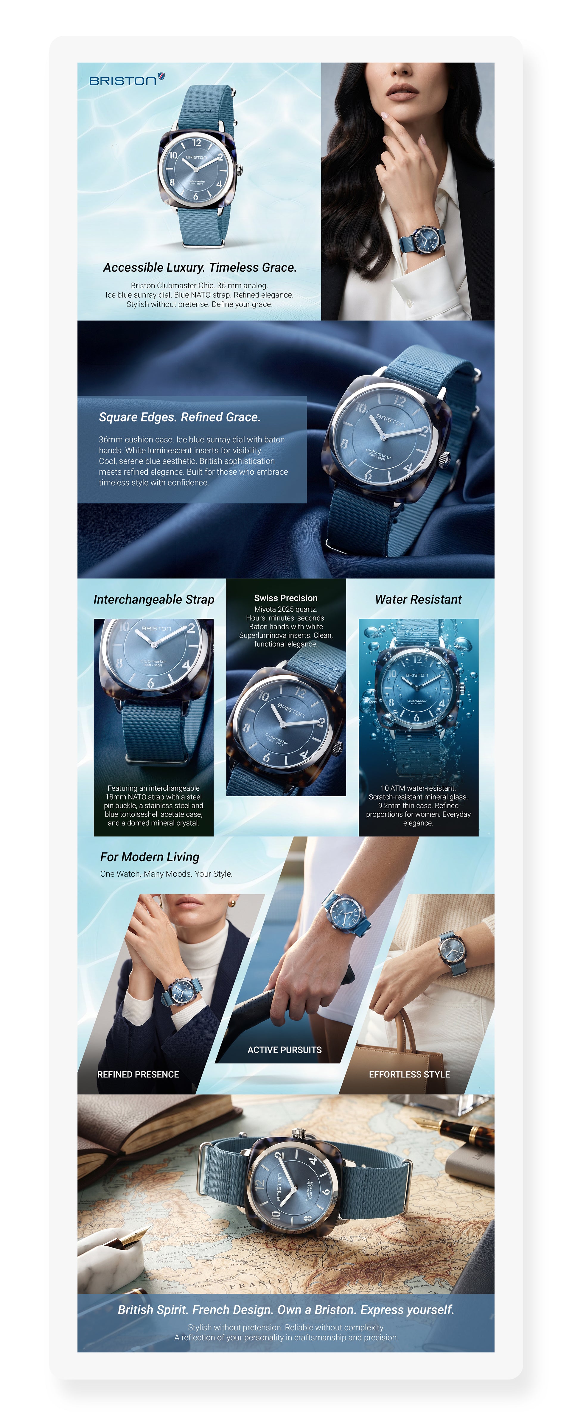 Clubmaster Chic Women Quartz Blue Dial Analog NATO Watch 21536.SA.UB.25.NIB